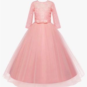 Girls Floral Lace 3/4 Sleeves Floor Length Dress, pink